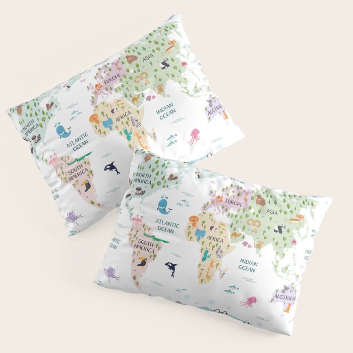 Nursery Animal World Map in Pastels Pillow Sham Gallery Image 3