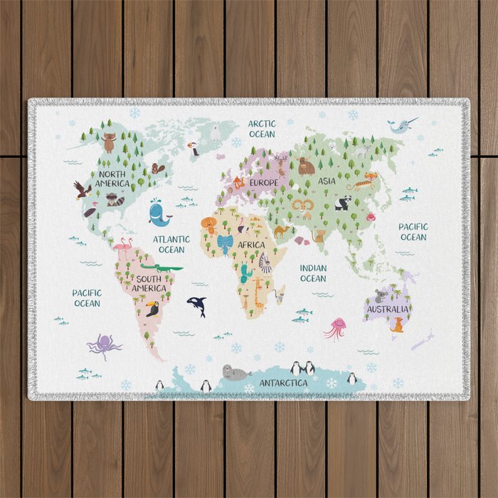 Nursery Animal World Map in Pastels Outdoor Rug Gallery Image 1