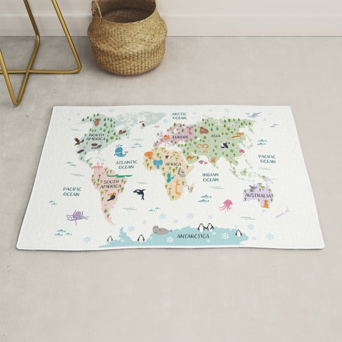 Nursery Animal World Map in Pastels Rug Gallery Image 1