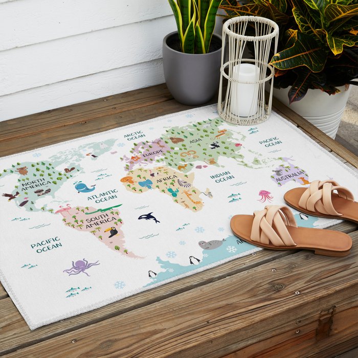 Nursery Animal World Map in Pastels Outdoor Rug Gallery Image 2