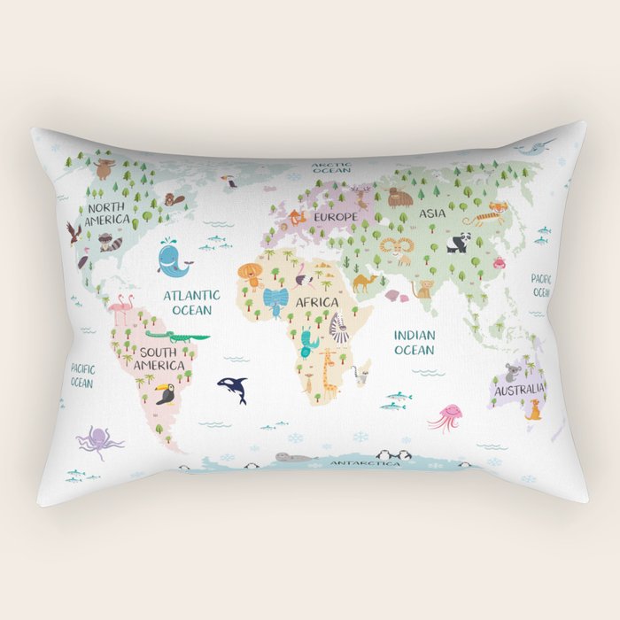 Nursery Animal World Map in Pastels Rectangular Pillow Gallery Image 2