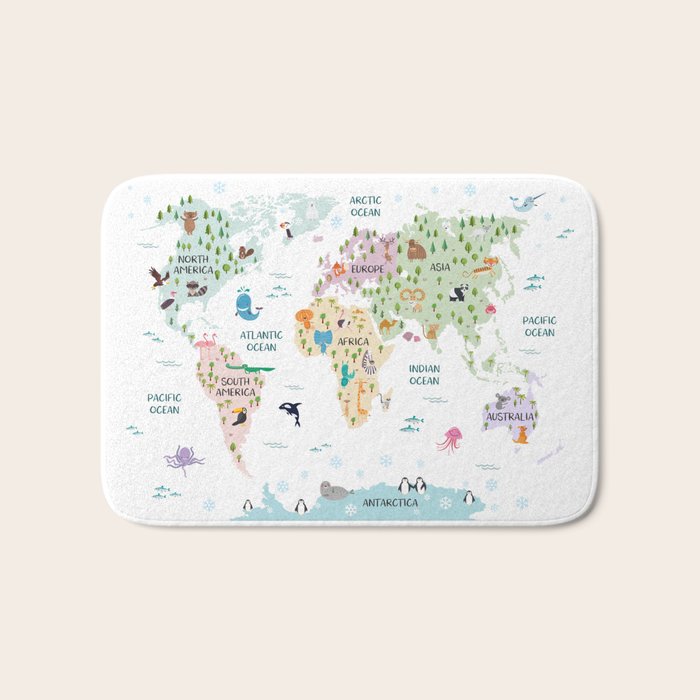 Nursery Animal World Map in Pastels Bath Mat Gallery Image 1