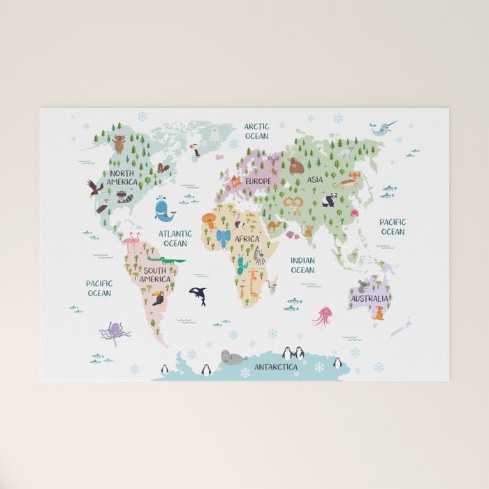 Nursery Animal World Map in Pastels Welcome Mat Gallery Image 1