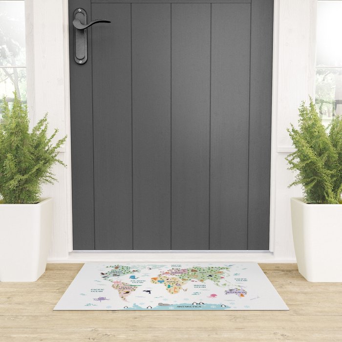 Nursery Animal World Map in Pastels Welcome Mat Gallery Image 3