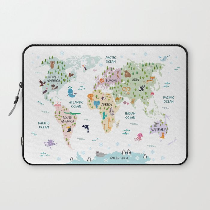 Nursery Animal World Map in Pastels Laptop Sleeve Gallery Image 1