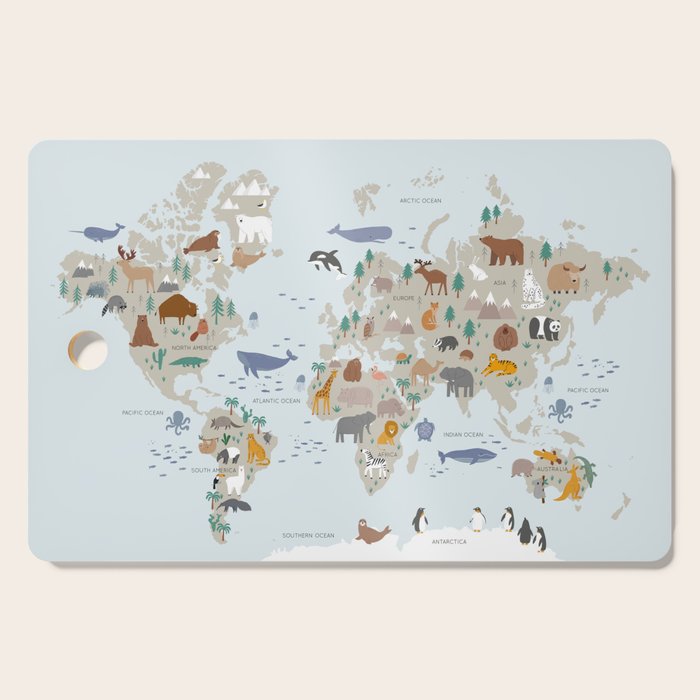Animal World Map for Kids - Blue Cutting Board Gallery Image 1