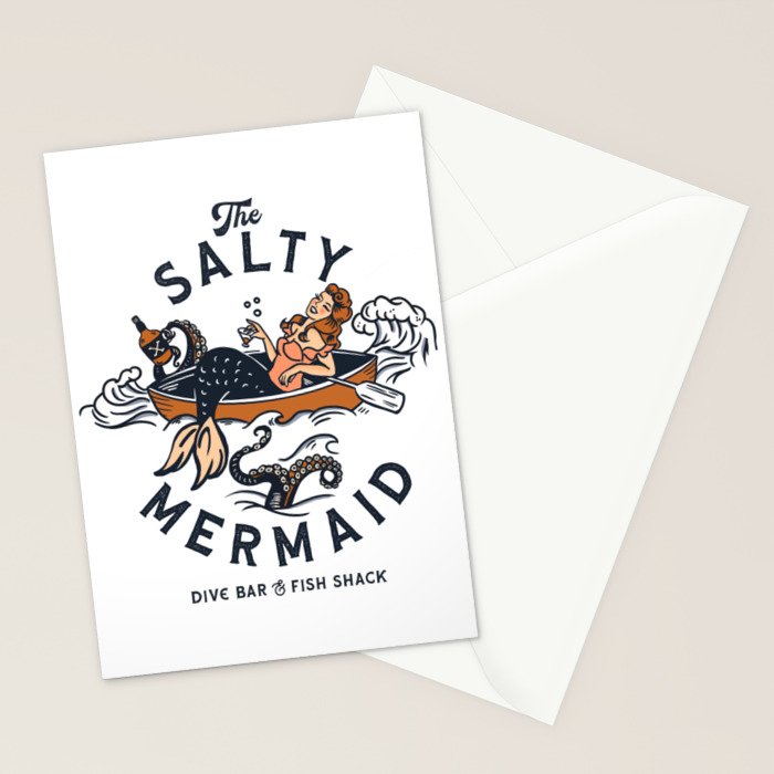 The Salty Mermaid Dive Bar & Fish Shack - Retro Pinup Mermaid Travel Art Stationery Card Gallery Image 2