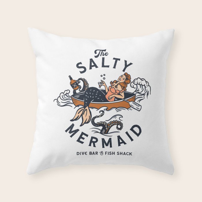 The Salty Mermaid Dive Bar & Fish Shack - Retro Pinup Mermaid Travel Art Throw Pillow Gallery Image 6