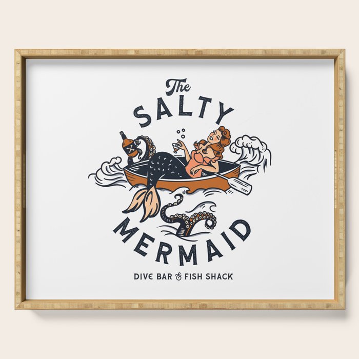 The Salty Mermaid Dive Bar & Fish Shack - Retro Pinup Mermaid Travel Art Serving Tray Gallery Image 1