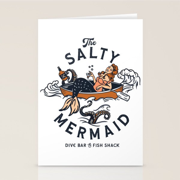 The Salty Mermaid Dive Bar & Fish Shack - Retro Pinup Mermaid Travel Art Stationery Card Gallery Image 2