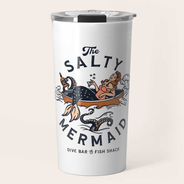 The Salty Mermaid Dive Bar & Fish Shack - Retro Pinup Mermaid Travel Art Travel Mug Gallery Image 1