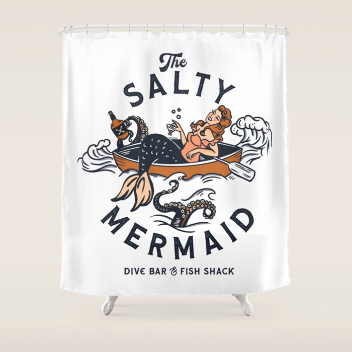 The Salty Mermaid Dive Bar & Fish Shack - Retro Pinup Mermaid Travel Art Shower Curtain Gallery Image 1