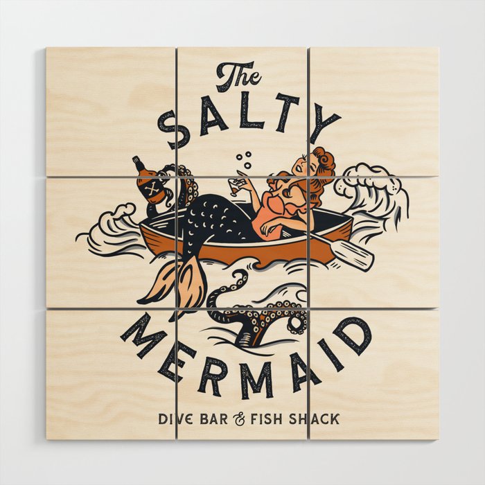 The Salty Mermaid Dive Bar & Fish Shack - Retro Pinup Mermaid Travel Art Wood Wall Art Gallery Image 1