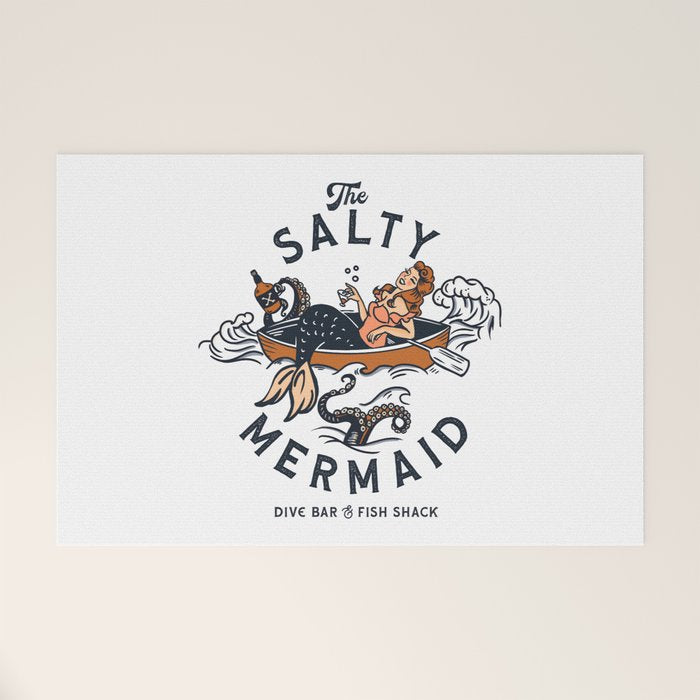 The Salty Mermaid Dive Bar & Fish Shack - Retro Pinup Mermaid Travel Art Welcome Mat Gallery Image 1
