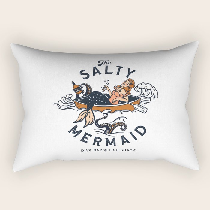 The Salty Mermaid Dive Bar & Fish Shack - Retro Pinup Mermaid Travel Art Rectangular Pillow Gallery Image 2