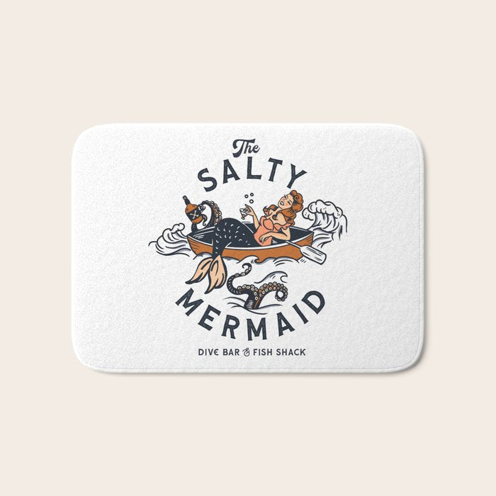The Salty Mermaid Dive Bar & Fish Shack - Retro Pinup Mermaid Travel Art Bath Mat Gallery Image 1