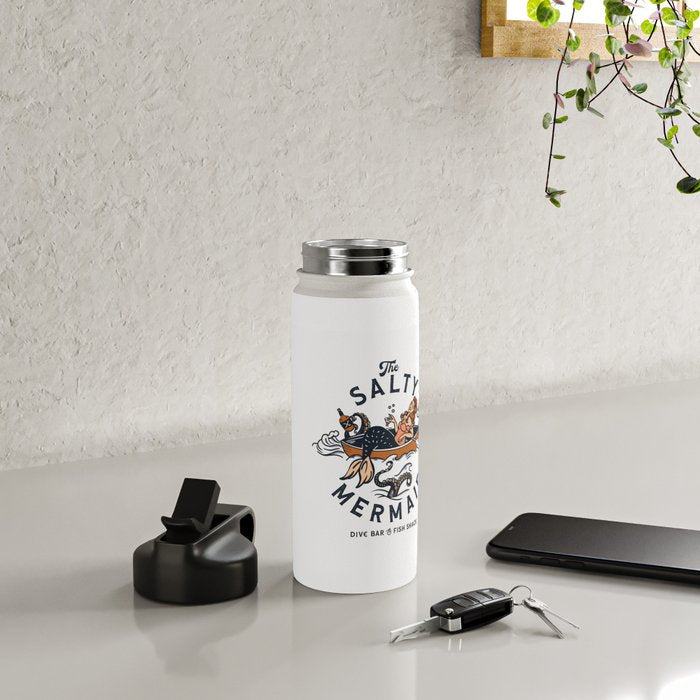 The Salty Mermaid Dive Bar & Fish Shack - Retro Pinup Mermaid Travel Art Water Bottle Gallery Image 4