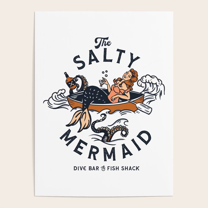The Salty Mermaid Dive Bar & Fish Shack - Retro Pinup Mermaid Travel Art Poster Gallery Image 4