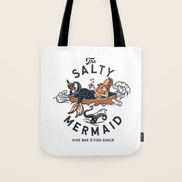 The Salty Mermaid Dive Bar & Fish Shack - Retro Pinup Mermaid Travel Art Tote Bag Gallery Image 1