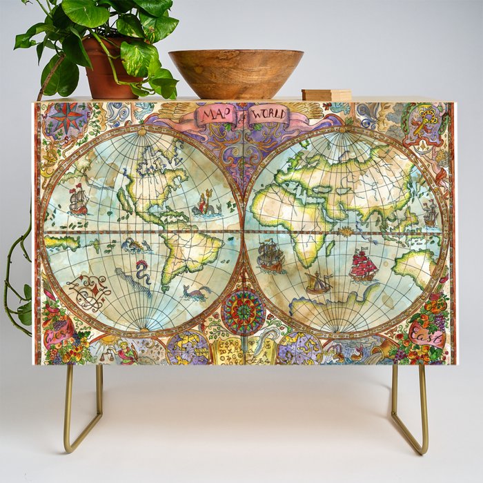 Magical Antique World Map  Credenza Gallery Image 1