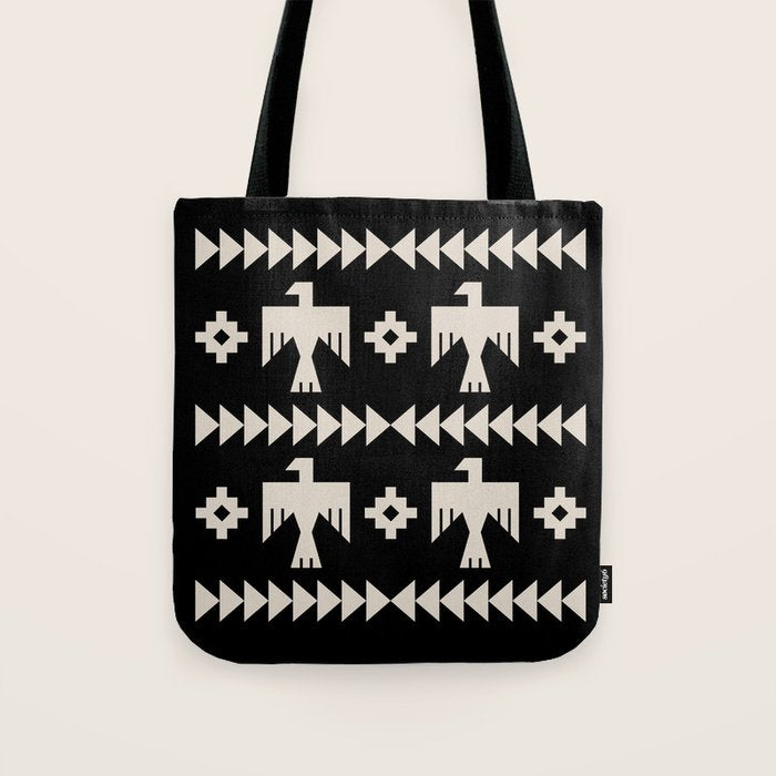 Southwestern Eagle and Arrow Pattern 121 Black and Linen White Tote Bag Gallery Image 1