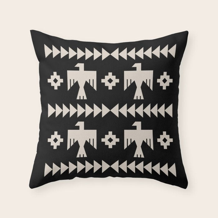 Southwestern Eagle and Arrow Pattern 121 Black and Linen White Throw Pillow Gallery Image 1