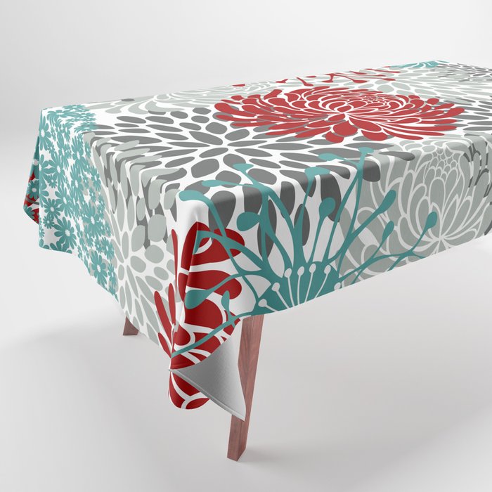 Festive, Flowers in Red, Teal and Gray Tablecloth Gallery Image 1