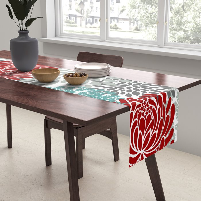Festive, Flowers in Red, Teal and Gray Table Runner Gallery Image 2