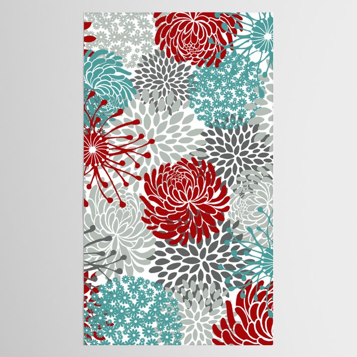 Festive, Flowers in Red, Teal and Gray Tablecloth Gallery Image 2