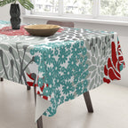 Festive, Flowers in Red, Teal and Gray Tablecloth Gallery Image 3