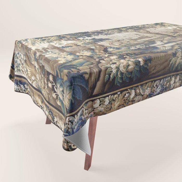 Antique French Aubusson Verdure Forest River Swans Tapestry Tablecloth Gallery Image 1