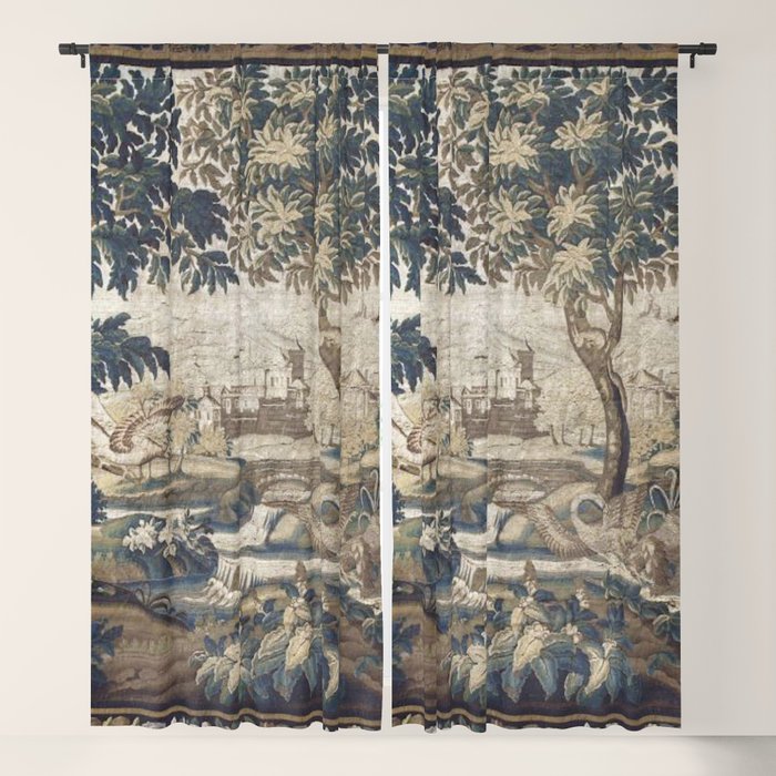 Antique French Aubusson Verdure Forest River Swans Tapestry Window Curtain Gallery Image 1