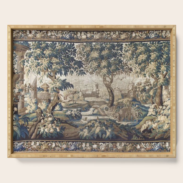 Antique French Aubusson Verdure Forest River Swans Tapestry Serving Tray Gallery Image 1