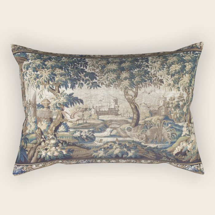 Antique French Aubusson Verdure Forest River Swans Tapestry Rectangular Pillow Gallery Image 1