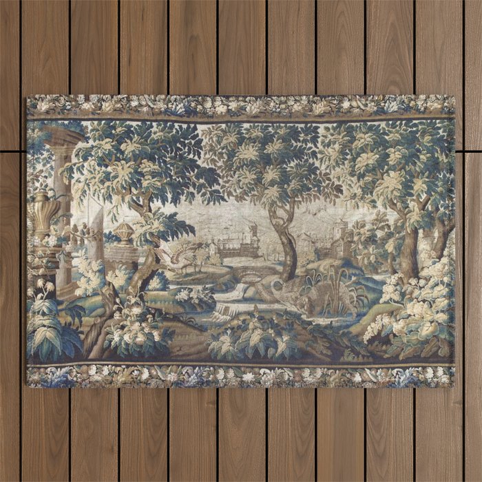 Antique French Aubusson Verdure Forest River Swans Tapestry Outdoor Rug Gallery Image 1