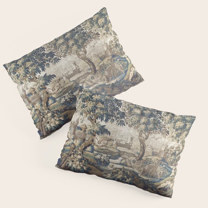 Antique French Aubusson Verdure Forest River Swans Tapestry Pillow Sham Gallery Image 1
