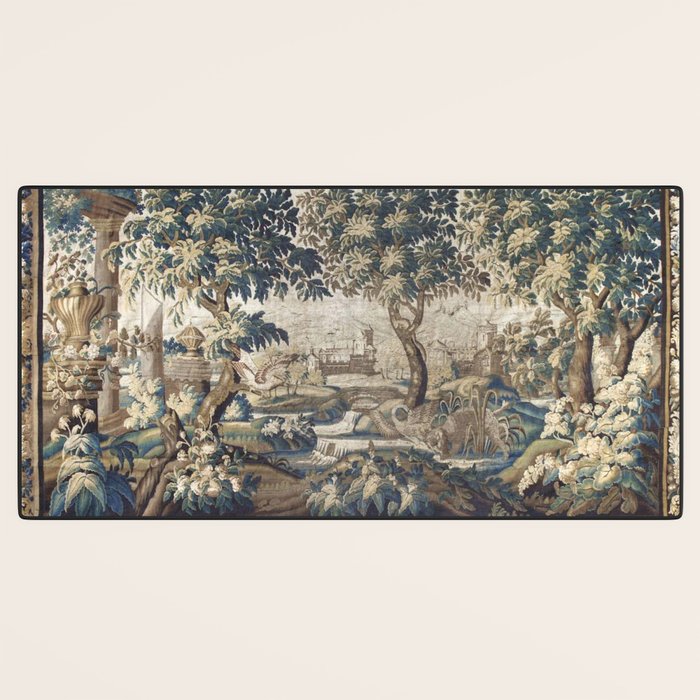 Antique French Aubusson Verdure Forest River Swans Tapestry Desk Mat Gallery Image 3