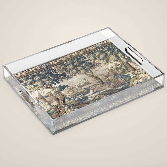 Antique French Aubusson Verdure Forest River Swans Tapestry Acrylic Tray Gallery Image 1