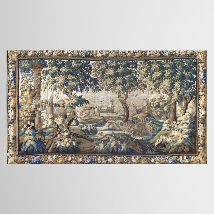 Antique French Aubusson Verdure Forest River Swans Tapestry Tablecloth Gallery Image 2