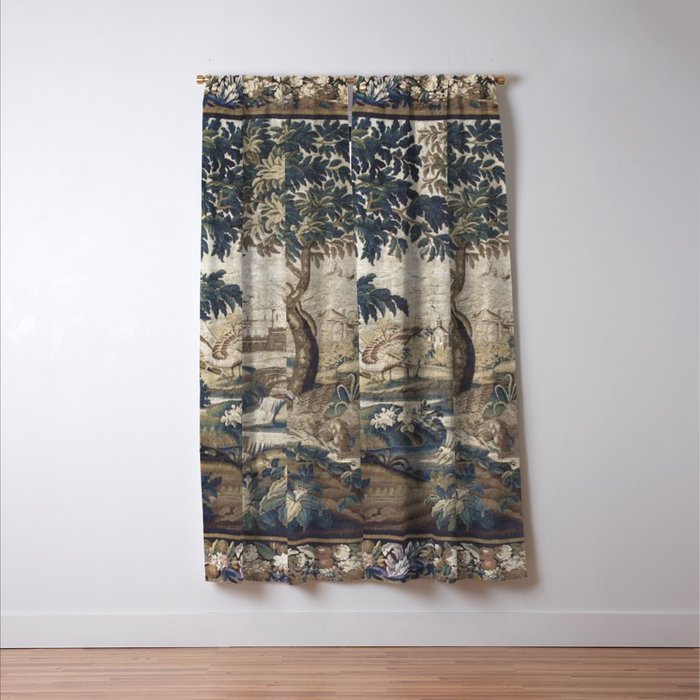 Antique French Aubusson Verdure Forest River Swans Tapestry Window Curtain Gallery Image 3