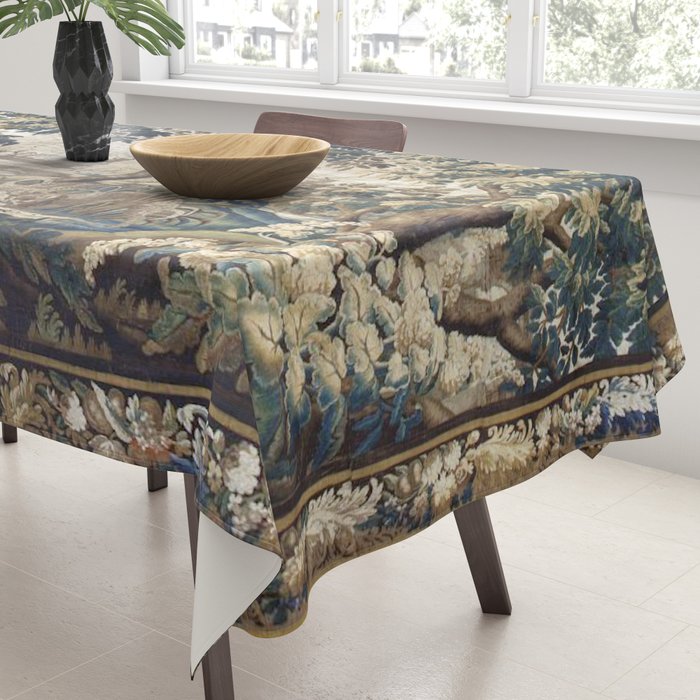 Antique French Aubusson Verdure Forest River Swans Tapestry Tablecloth Gallery Image 3