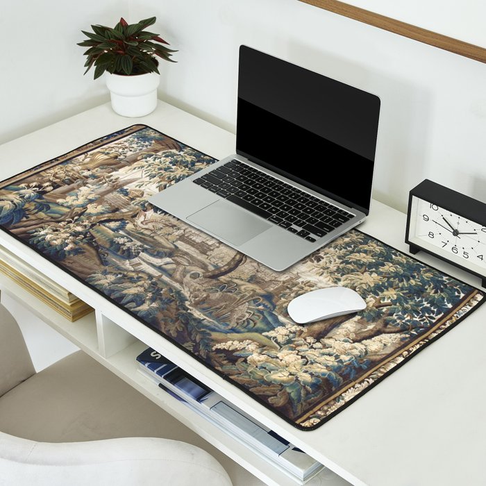 Antique French Aubusson Verdure Forest River Swans Tapestry Desk Mat Gallery Image 2