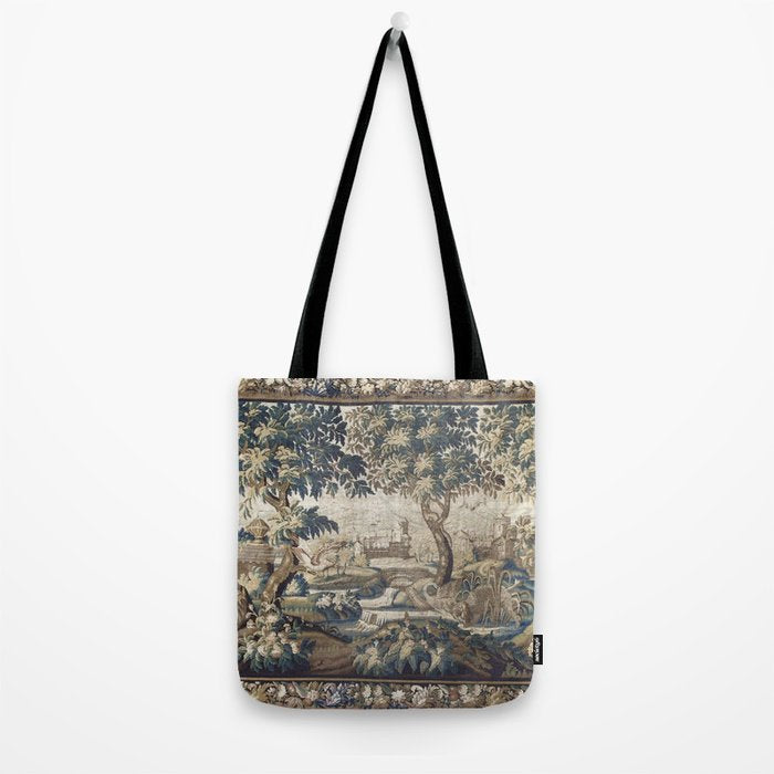Antique French Aubusson Verdure Forest River Swans Tapestry Tote Bag Gallery Image 2