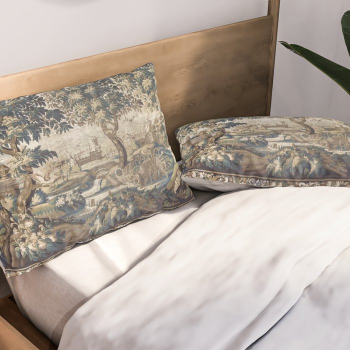 Antique French Aubusson Verdure Forest River Swans Tapestry Pillow Sham Gallery Image 2