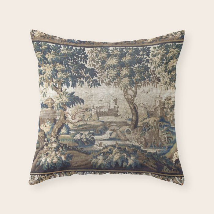 Antique French Aubusson Verdure Forest River Swans Tapestry Throw Pillow Gallery Image 6