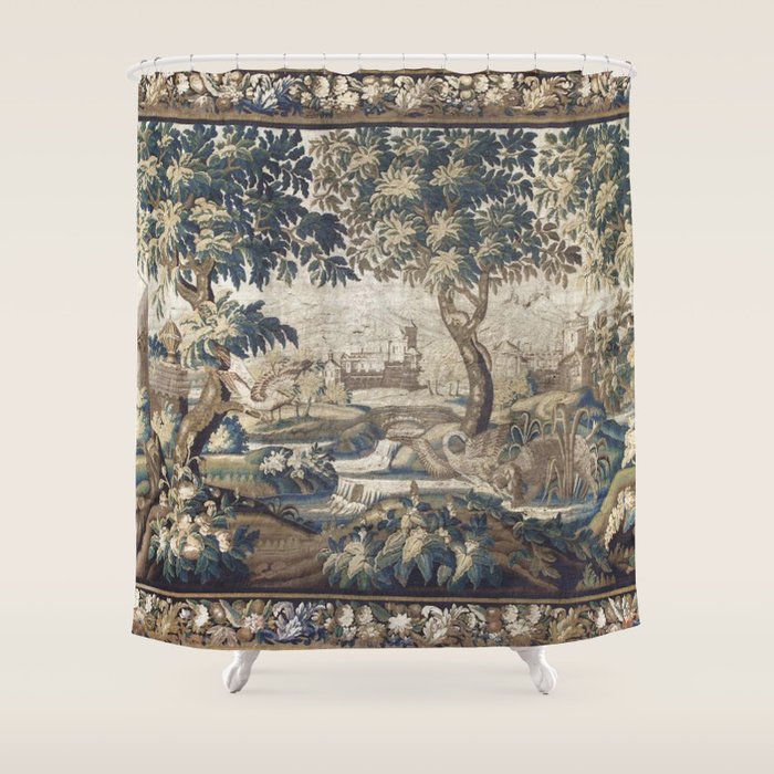 Antique French Aubusson Verdure Forest River Swans Tapestry Shower Curtain Gallery Image 1
