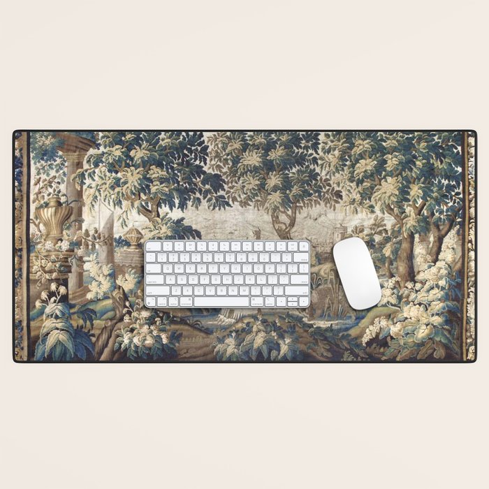 Antique French Aubusson Verdure Forest River Swans Tapestry Desk Mat Gallery Image 1