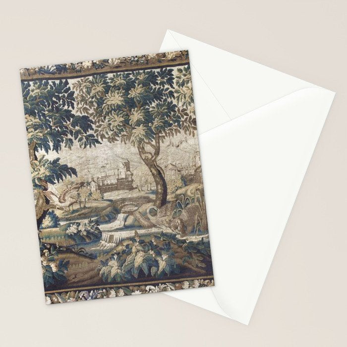 Antique French Aubusson Verdure Forest River Swans Tapestry Stationery Card Gallery Image 2
