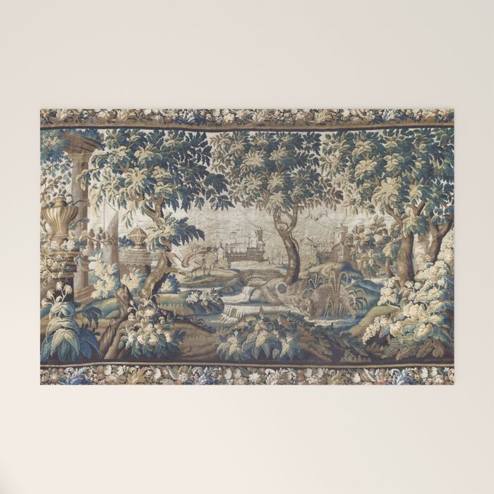 Antique French Aubusson Verdure Forest River Swans Tapestry Welcome Mat Gallery Image 1