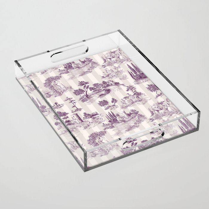 Toile de Jouy French Vintage Pastoral Plum & Cream Stripe Acrylic Tray Gallery Image 1